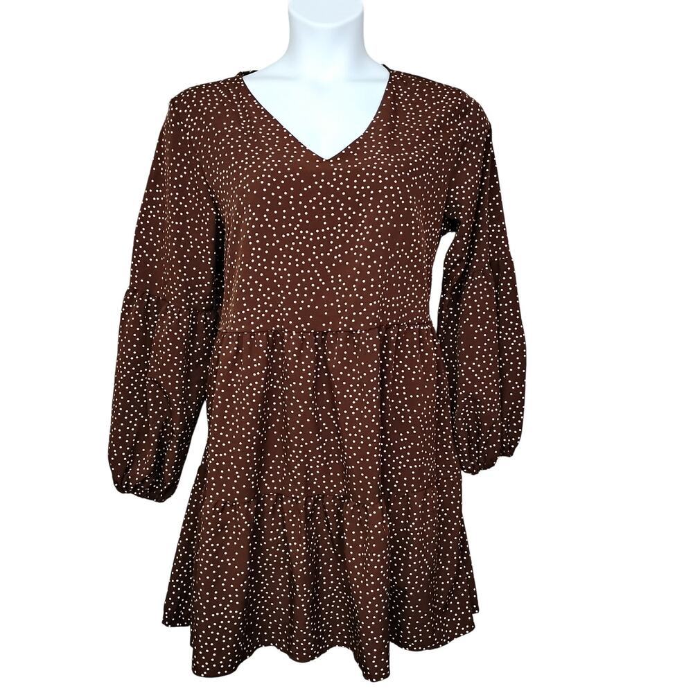 Peasant Tiered Dress Size XL Brown & White Small Polka Dots Long Balloon Sleeves